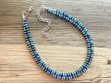 Load image into Gallery viewer, Jewel Tones + Silver Chunky Statement Necklace, Blue beaded jewelry, Double Strand Statement Necklace, light dark blue green chunky jewelry