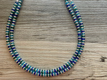 Load image into Gallery viewer, Jewel Tones + Silver Chunky Statement Necklace, Blue beaded jewelry, Double Strand Statement Necklace, light dark blue green chunky jewelry