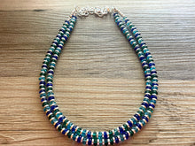 Load image into Gallery viewer, Jewel Tones + Silver Chunky Statement Necklace, Blue beaded jewelry, Double Strand Statement Necklace, light dark blue green chunky jewelry