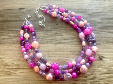 Pink + Purple 3 Strand statement necklace, big beaded necklace, chunky jewelry princess necklace silver necklace, multi-strand bib jewelry
