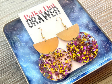 Purple & Gold Confetti Earrings, gold drop Earrings, shiny jewelry earrings metal geometric dark purple lavender Statement