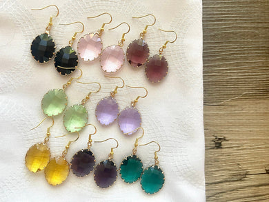 Gorgeous Glass Teardrop Earrings, dyed faceted gold formal earrings, dangle drop gold rhinestone earrings, black marigold black emerald
