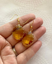 Load image into Gallery viewer, Gorgeous Glass Teardrop Earrings, dyed faceted gold formal earrings, dangle drop gold rhinestone earrings, black marigold black emerald