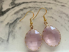 Load image into Gallery viewer, Gorgeous Glass Teardrop Earrings, dyed faceted gold formal earrings, dangle drop gold rhinestone earrings, black marigold black emerald
