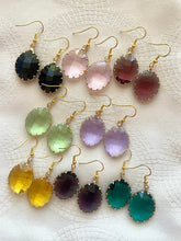 Load image into Gallery viewer, Gorgeous Glass Teardrop Earrings, dyed faceted gold formal earrings, dangle drop gold rhinestone earrings, black marigold black emerald