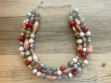 Gold & Gray Maroon statement necklace, Triple Strand jewelry, gifts for women bib jewelry Multi-Strand Nugget metallic gold mirror
