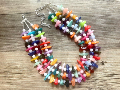 Triple Rainbow Chip Beaded Necklace, Colorful Jewelry, Chunky statement necklace, rainbow jewelry, rainbow baby confetti white ombré