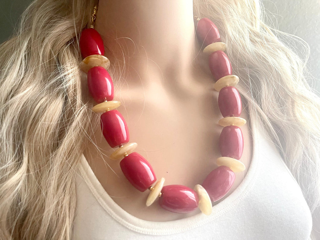 Red & Tan Vintage Statement necklace, chunky vintage jewelry, gold colorful  beaded jewelry, chunky geometric pendant jewelry red barrel