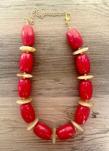 Red & Tan Vintage Statement necklace, chunky vintage jewelry, gold colorful  beaded jewelry, chunky geometric pendant jewelry red barrel