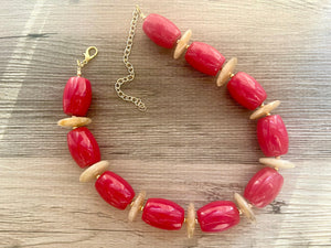 Red & Tan Vintage Statement necklace, chunky vintage jewelry, gold colorful  beaded jewelry, chunky geometric pendant jewelry red barrel