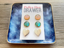 Load image into Gallery viewer, Set of 3 earrings, 12mm earrings, sparkle earrings, stud earrings circle, stocking stuffer wood resin heart Cabochon silver and gold pierced