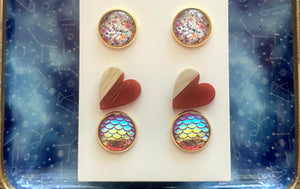 Set of 3 earrings, 12mm earrings, sparkle earrings, stud earrings circle, stocking stuffer wood resin heart Cabochon silver and gold pierced