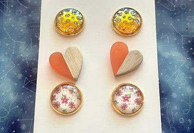 Set of 3 earrings, 12mm earrings, sparkle earrings, stud earrings circle, stocking stuffer wood resin heart Cabochon silver and gold pierced