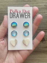 Load image into Gallery viewer, Set of 3 earrings, 12mm earrings, sparkle earrings, stud earrings circle, stocking stuffer wood resin heart Cabochon silver and gold pierced