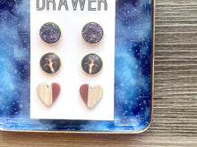 Load image into Gallery viewer, Set of 3 earrings, 12mm earrings, sparkle earrings, stud earrings circle, stocking stuffer wood resin heart Cabochon silver and gold pierced