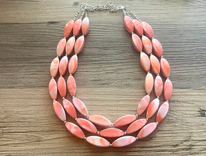 Orange & White Tie Dye beaded statement necklace, triple strand necklace, white neon orange jewelry, big bead jewelry, summer necklace