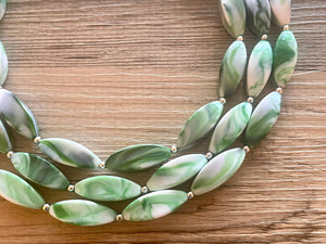 Green & White Tie Dye beaded statement necklace, triple strand necklace, white forest jewelry, big bead jewelry, summer necklace