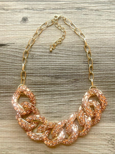 Rosegold rhinestone Linking Chain Choker shirt necklace, stunning elegant pink statement bib necklace, rose gold chain link necklace