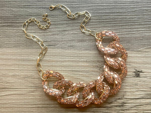 Rosegold rhinestone Linking Chain Choker shirt necklace, stunning elegant pink statement bib necklace, rose gold chain link necklace