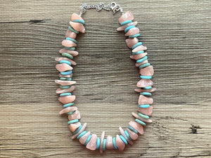 Mountain Sunrise Chunky Statement Necklace, peach beaded necklace, 1 strand thick necklace, big beaded jewelry turquoise blue