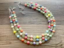 Load image into Gallery viewer, Flowers Just Because Necklace, Triple Pastel Rainbow Beaded Necklace, Colorful Jewelry, Chunky statement, rainbow baby confetti green