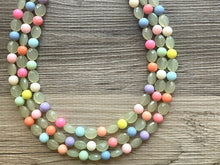 Load image into Gallery viewer, Flowers Just Because Necklace, Triple Pastel Rainbow Beaded Necklace, Colorful Jewelry, Chunky statement, rainbow baby confetti green