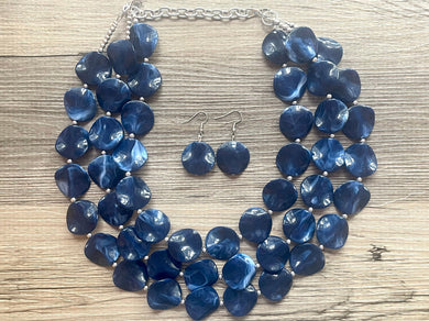 Navy Blue Statement Necklace, Chunky Jewelry Big Beaded Triple Strand Necklace, Dark Blue Necklace, Blue Jewelry Set, Dark Blue Beaded