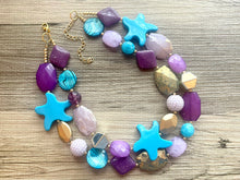 Load image into Gallery viewer, Blue Havaiee double strand OOAK statement gold purple aqua blue Beaded Necklace, summer jewelry, starfish lavender