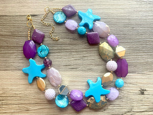 Blue Havaiee double strand OOAK statement gold purple aqua blue Beaded Necklace, summer jewelry, starfish lavender