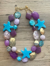 Load image into Gallery viewer, Blue Havaiee double strand OOAK statement gold purple aqua blue Beaded Necklace, summer jewelry, starfish lavender