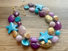Load image into Gallery viewer, Blue Havaiee double strand OOAK statement gold purple aqua blue Beaded Necklace, summer jewelry, starfish lavender