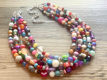 Load image into Gallery viewer, Rainbow Confetti Statement Necklace, chunky multi-strand jewelry, yellow pink colorful necklace, silver jewelry, neon jewelry green Pearl