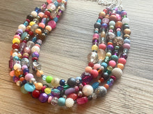 Load image into Gallery viewer, Rainbow Confetti Statement Necklace, chunky multi-strand jewelry, yellow pink colorful necklace, silver jewelry, neon jewelry green Pearl