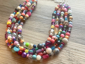 Rainbow Confetti Statement Necklace, chunky multi-strand jewelry, yellow pink colorful necklace, silver jewelry, neon jewelry green Pearl