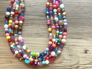 Rainbow Confetti Statement Necklace, chunky multi-strand jewelry, yellow pink colorful necklace, silver jewelry, neon jewelry green Pearl