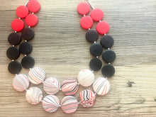 Load image into Gallery viewer, School Spirit Red Soiree Necklace, Triple Strand Statement Jewelry, red and black necklace, red white black beaded jewelry, red jewelry