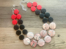 Load image into Gallery viewer, School Spirit Red Soiree Necklace, Triple Strand Statement Jewelry, red and black necklace, red white black beaded jewelry, red jewelry