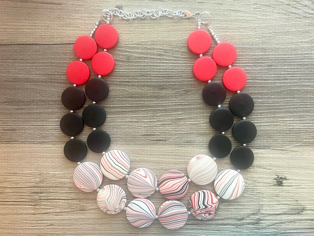 School Spirit Red Soiree Necklace, Triple Strand Statement Jewelry, red and black necklace, red white black beaded jewelry, red jewelry