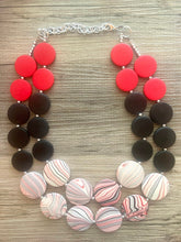 Load image into Gallery viewer, School Spirit Red Soiree Necklace, Triple Strand Statement Jewelry, red and black necklace, red white black beaded jewelry, red jewelry
