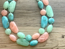 Load image into Gallery viewer, East Coast Seascape Statement Necklace, Silver cream peach seafoam mint green necklace, beaded chunky bib necklace, colorful jewelry