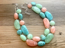 Load image into Gallery viewer, East Coast Seascape Statement Necklace, Silver cream peach seafoam mint green necklace, beaded chunky bib necklace, colorful jewelry