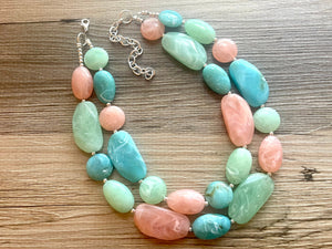 East Coast Seascape Statement Necklace, Silver cream peach seafoam mint green necklace, beaded chunky bib necklace, colorful jewelry