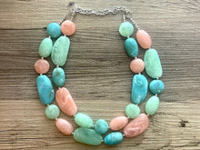 Load image into Gallery viewer, East Coast Seascape Statement Necklace, Silver cream peach seafoam mint green necklace, beaded chunky bib necklace, colorful jewelry