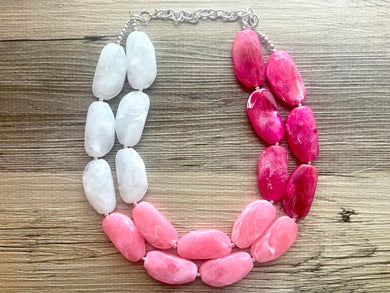 Platinum Raspberry Beaded Necklace, 2 strand Chunky statement necklace, big beaded necklace jewelry, white hot blush pink  statement