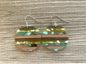 Upcycled Wood + Resin Striped Earrings, Statement pierced Jewelry, dangle Drop earrings, geometric earrings, silver circle everyday earrings