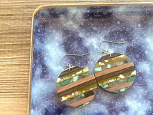 Load image into Gallery viewer, Upcycled Wood + Resin Striped Earrings, Statement pierced Jewelry, dangle Drop earrings, geometric earrings, silver circle everyday earrings