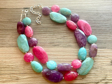 Bermuda Seascape Statement Necklace, Silver hot pink seafoam purple necklace, beaded chunky bib necklace, colorful island jewelry