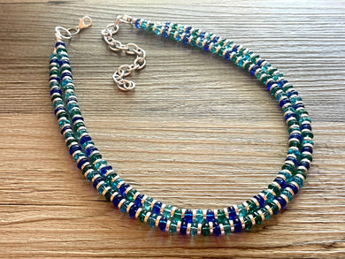 Jewel Tones + Silver Chunky Statement Necklace, Blue beaded jewelry, Double Strand Statement Necklace, light dark blue green chunky jewelry