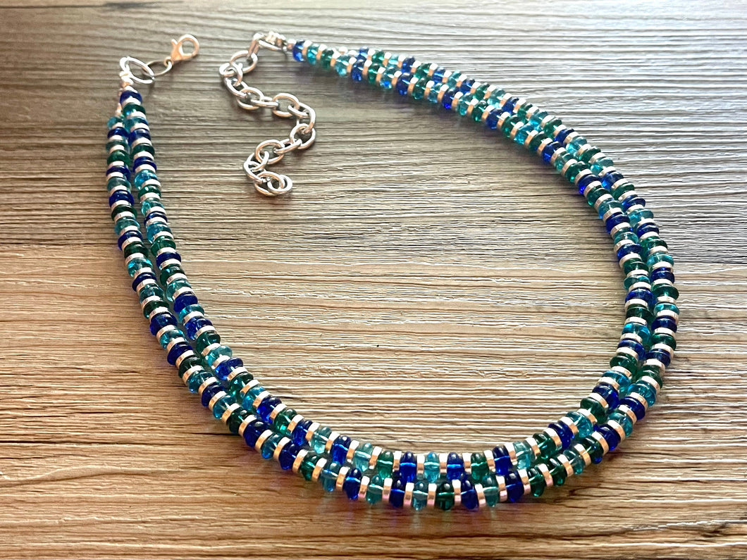 Jewel Tones + Silver Chunky Statement Necklace, Blue beaded jewelry, Double Strand Statement Necklace, light dark blue green chunky jewelry