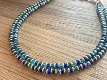 Load image into Gallery viewer, Jewel Tones + Silver Chunky Statement Necklace, Blue beaded jewelry, Double Strand Statement Necklace, light dark blue green chunky jewelry